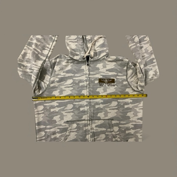 Lucky Brand Vintage Inspired Light Gray Camo Zip Up Embroidered Large Hoodie - Picture 14 of 16